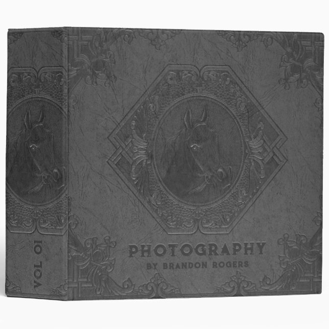 Grey vintage leather embossed horse head binder (Front/Spine)