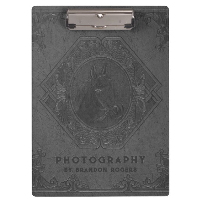 Grey vintage leather embossed horse-head clipboard (Front)