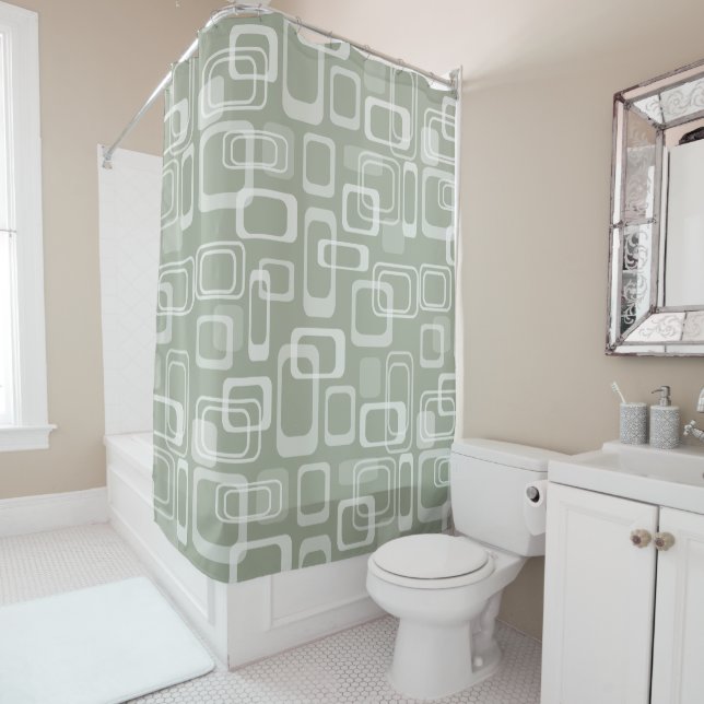 Grey vintage mod 60s retro pattern shower curtain (In Situ)