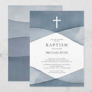 Grey Watercolor Boys Baptism Invitation