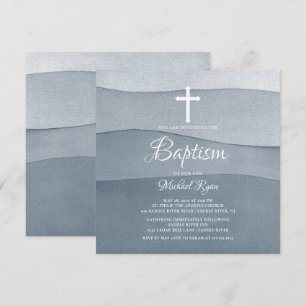 Grey Watercolor Boys Baptism Invitation