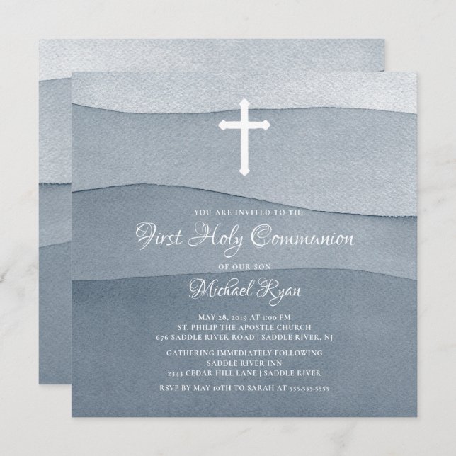 Grey Watercolor Boys First Holy Communion Invitation (Front/Back)