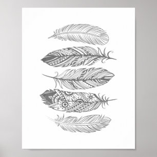 Grey Watercolor Feather Tribal Print Poster