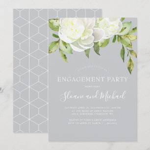 Grey Watercolor Floral Peony Engagement Party Invitation