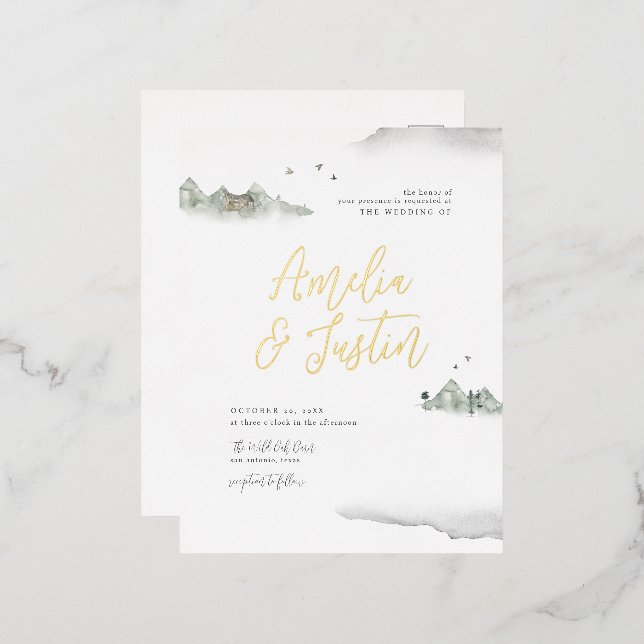 Grey Watercolor Mountain Destination Wedding Foil Invitation Postcard (Front/Back)