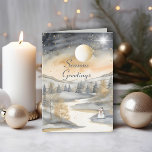 Grey Watercolor Mountain River Snowman Christmas Card<br><div class="desc">Grey Watercolor Mountain River Snowman Christmas Card. This beautiful midnight mountain river card features a stunning night sky design, with "Seasons Greeting" elegantly displayed on the front. The inside can be personalized with your own greeting and family names. Its golden and grey hues, mountain-inspired details with a cute little snowman,...</div>