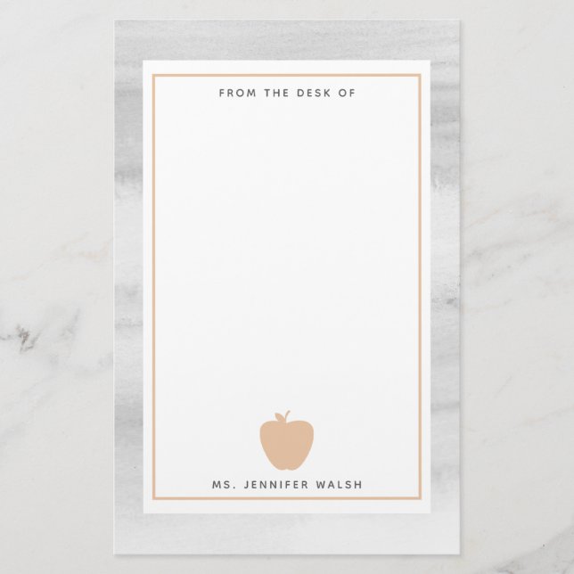 Grey Watercolor Peach Apple Teacher Personalized Stationery (Front)