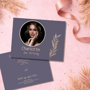 Grey Watercolor RoseGold Leaf Photo 21st Birthday  Foil Invitation Postcard