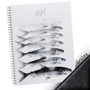Grey Watercolor Sardine Art Custom Monogram Name Notebook