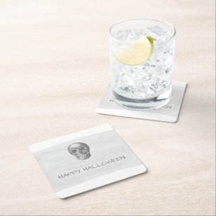 Grey Watercolor Skull Halloween Paper Coasters