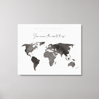 Grey Watercolor World Map Canvas Guest Book