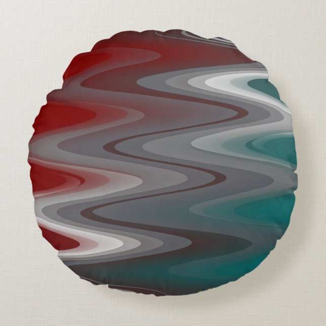 Grey waves on burgundy teal round pillow (Front)