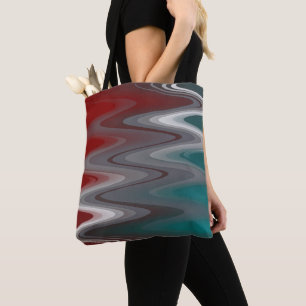 Grey waves on burgundy teal tote bag