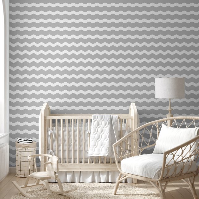 Grey Wavy Ric Rac Striped Pattern Wallpaper (Kids)