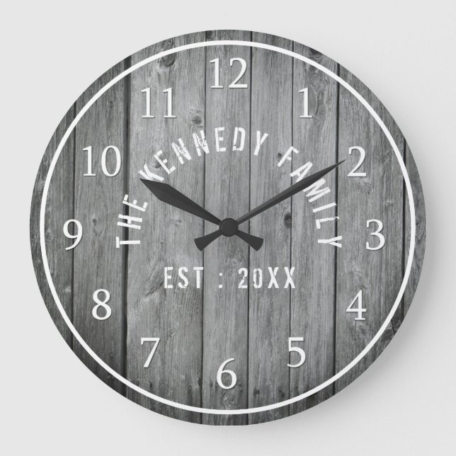 Grey Weathered Wood Farmhouse Family Name Large Clock (Front)