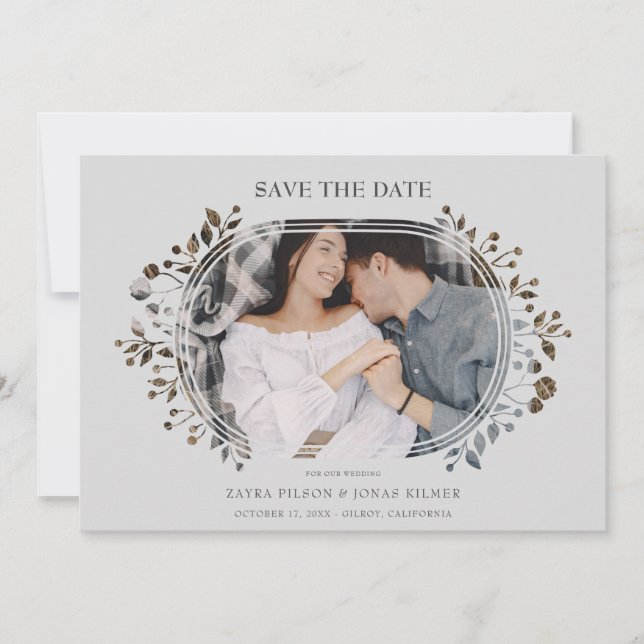Grey Wedding Fancy Ornament Frame Flowers Photo (Front)