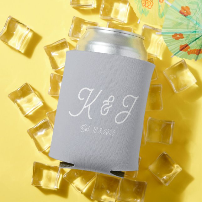 Grey Wedding Favour Monogrammed Can Cooler (In Situ Summer)