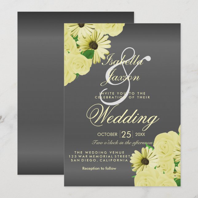 Grey Wedding Satin and Pastel Yellow Wedding Invitation (Front/Back)