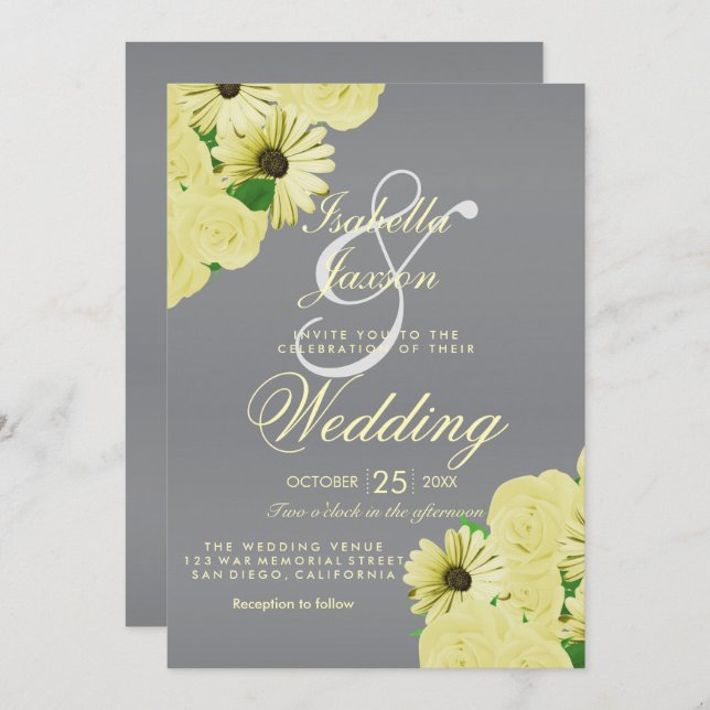 Grey Wedding Satin and Pastel Yellow Wedding Invitation (Front/Back)