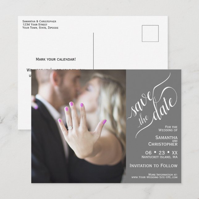 Grey Wedding Save the Date Photo & Calligraphy Announcement Postcard (Front/Back)