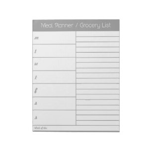 Grey Weekly Meal Planner - Shopping List Notepad