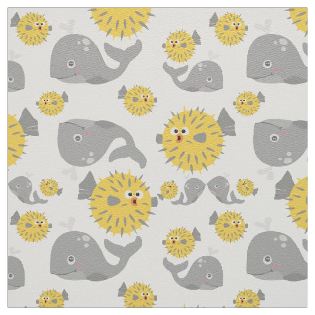 Grey Whale & Blowfish Cartoon Baby Pattern Fabric (Swatch)