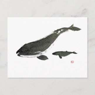 Grey whale mom and baby sumie ink painting postcard