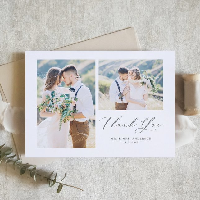 Grey Whimsical Calligraphy Photo Collage Wedding Thank You Card (Creator Uploaded)