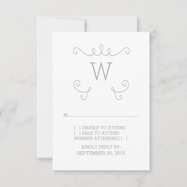 Grey Whimsical Flourish Monogram RSVP Card (Front)