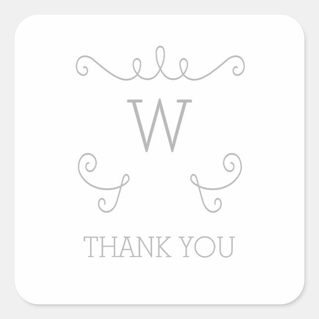Grey Whimsical Flourish Monogram Thank You Square Sticker (Front)