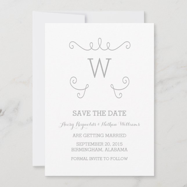 Grey Whimsical Flourish Save the Date Invite (Front)
