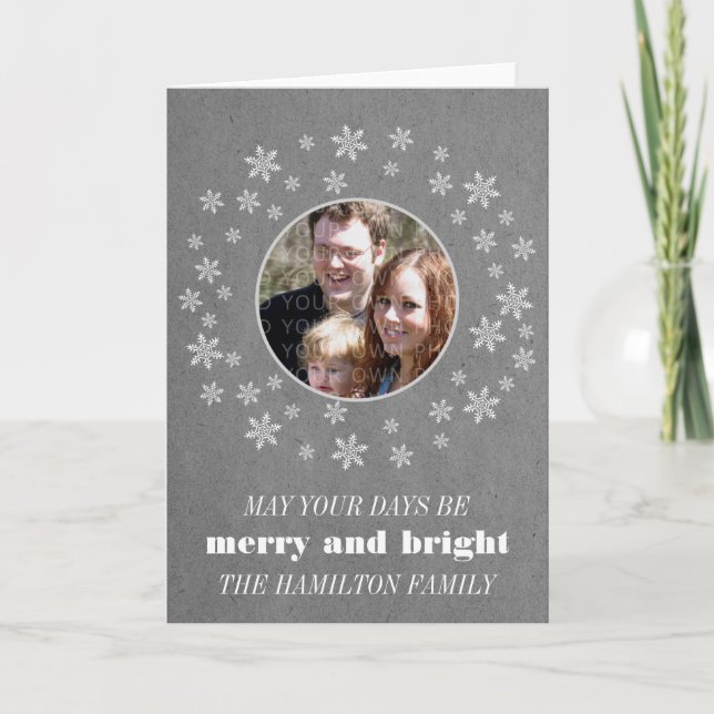 Grey Whimsical Snowflakes Holiday Photo Card (Front)
