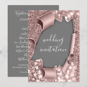 Grey White 3D Rose Gold Wedding Glitter Invitation