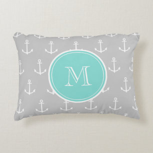 Grey White Anchors Pattern, Mint Monogram Accent Pillow