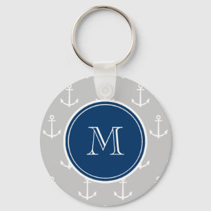 Grey White Anchors Pattern, Navy Blue Monogram Keychain