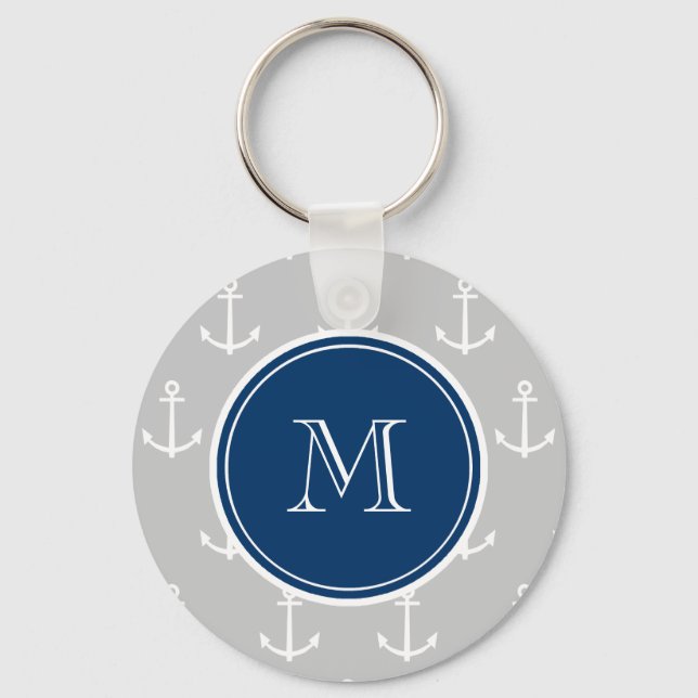 Grey White Anchors Pattern, Navy Blue Monogram Keychain (Front)