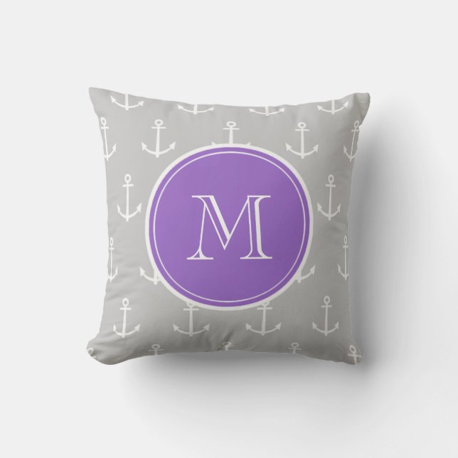 Grey White Anchors Pattern, Purple Monogram Throw Pillow (Front)