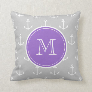 Grey White Anchors Pattern, Purple Monogram Throw Pillow