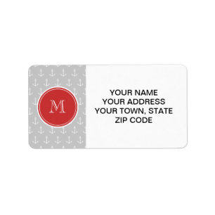 Grey White Anchors Pattern, Red Monogram Label