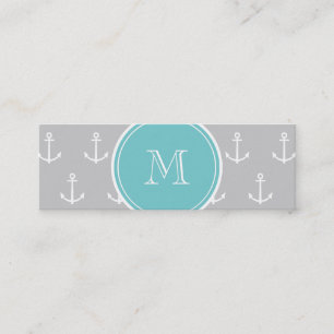 Grey White Anchors Pattern, Teal Monogram Mini Business Card