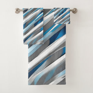 Grey, white and blue line pattern bath towel set