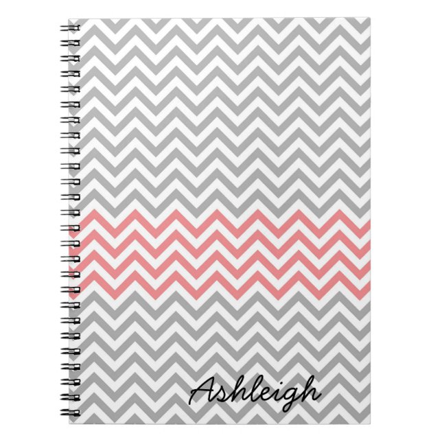 Grey, White and Coral Chevron Notebook (Front)