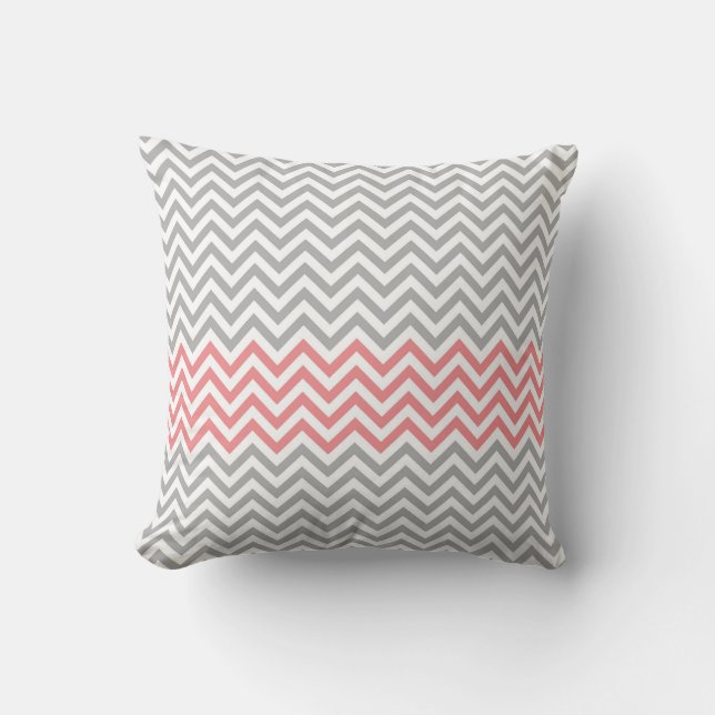 Grey, White and Coral Chevron Throw Pillow (Front)