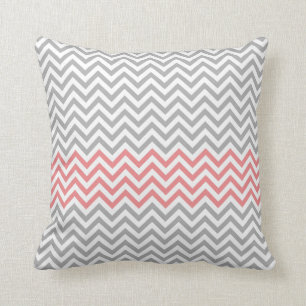 Grey, White and Coral Chevron Throw Pillow