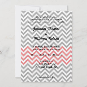 Grey, White and Coral Chevron Wedding Invitation