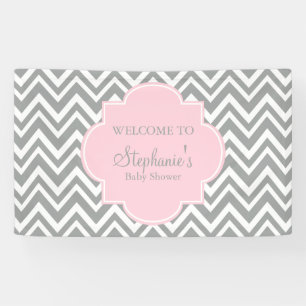 Grey, White and Pastel Pink Chevron Baby Shower Banner