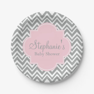 Grey, White and Pastel Pink Chevron Baby Shower Paper Plate