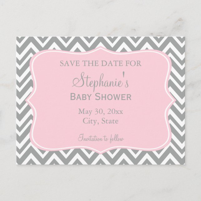 Grey, White and Pastel Pink Chevron Baby Shower Postcard (Front)