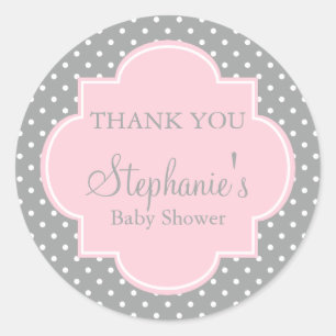 Grey, White and Pastel Pink Polka Dot Baby Shower Classic Round Sticker