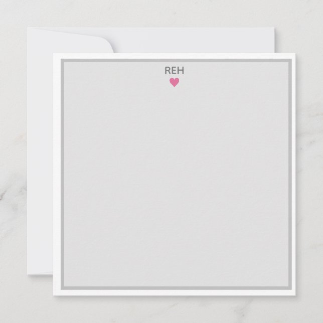 Grey white and pink heart monogrammed flat note invitation (Front)